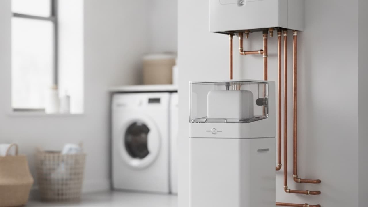 A modern white water softener unit installed in a clean UK utility room next to copper pipework