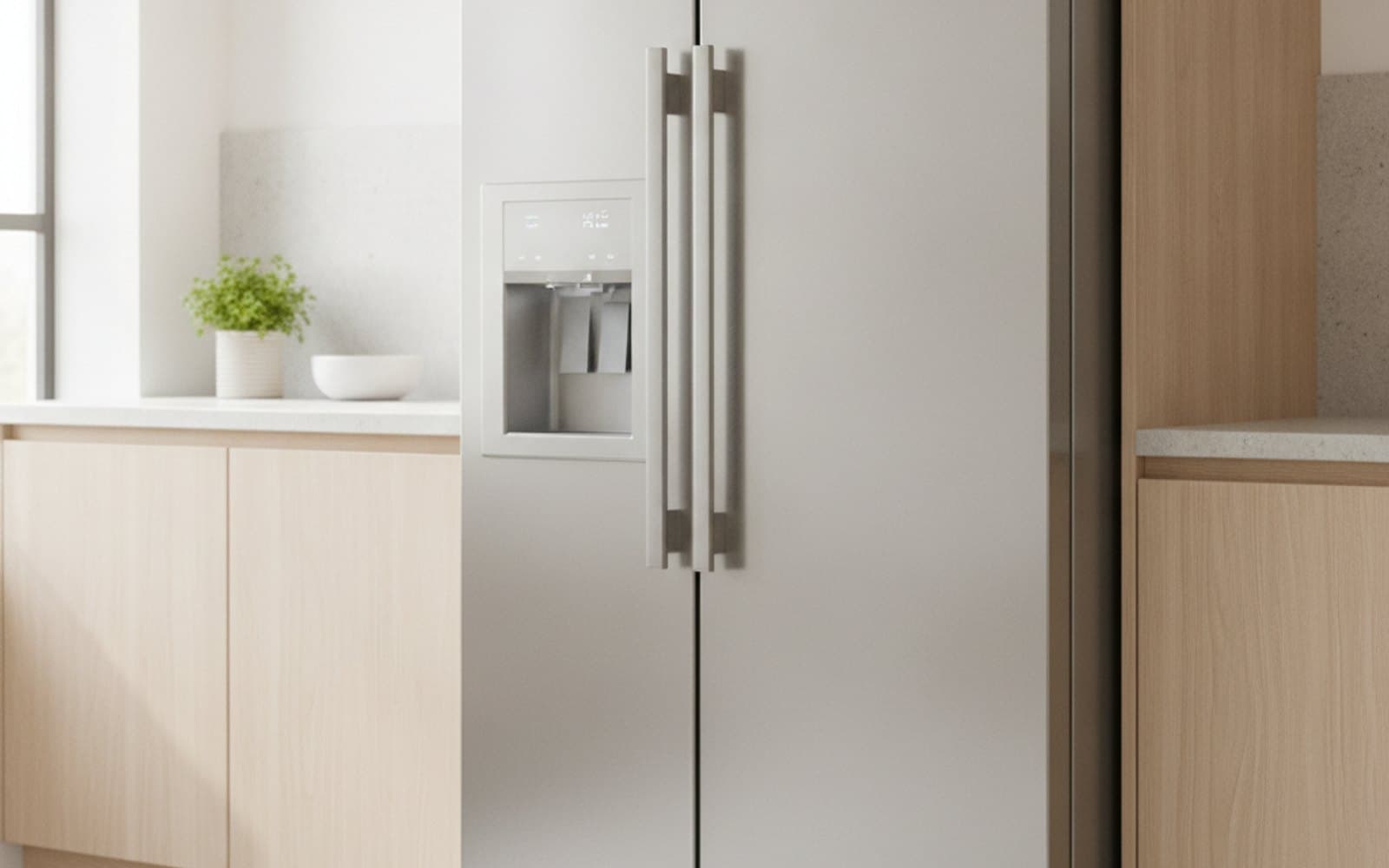 A modern UK kitchen with a large American-style fridge freezer and a range cooker