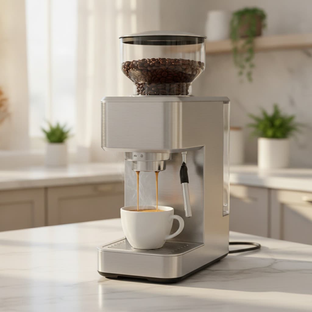 A stainless steel bean-to-cup coffee machine on a clean UK kitchen worktop pouring a fresh espresso into a white cup