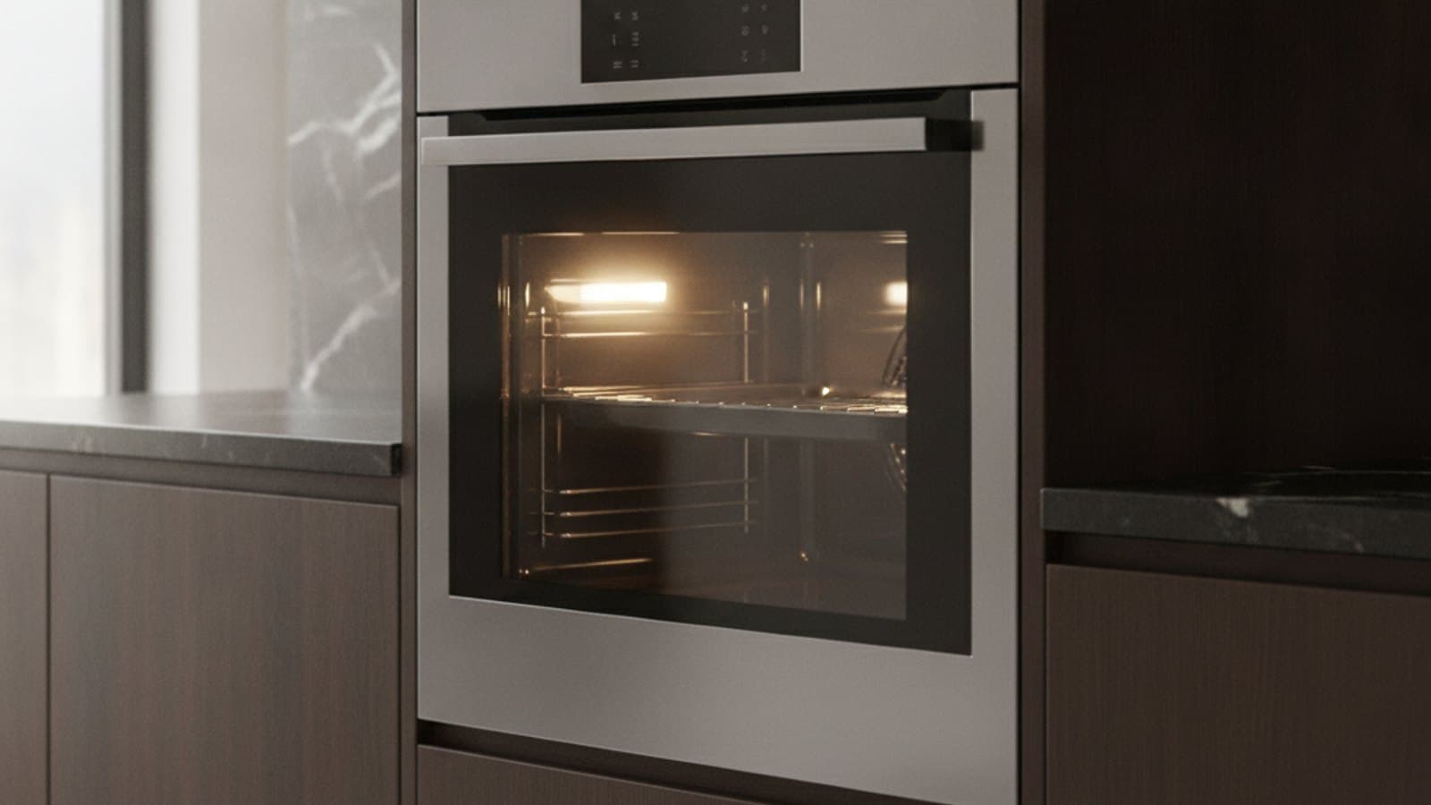 A modern stainless steel built-in electric oven set into contemporary kitchen cabinetry
