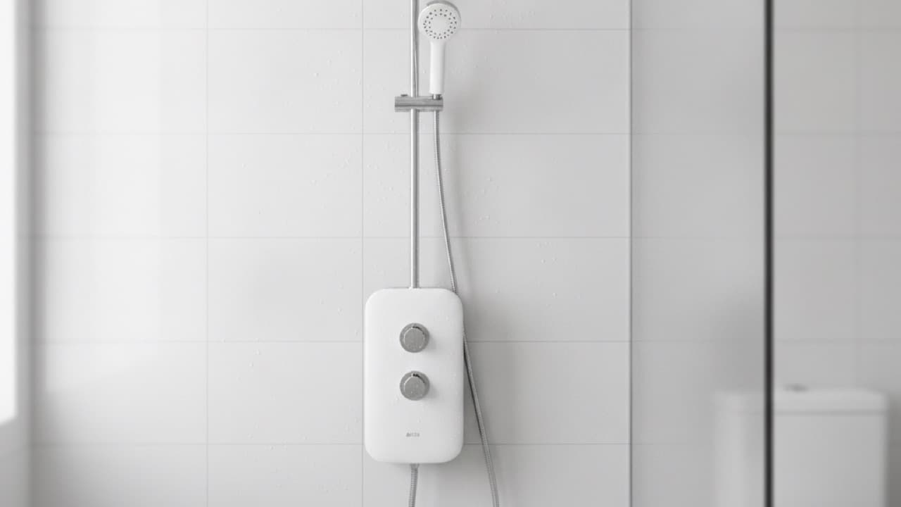 A modern white electric shower unit fitted on a tiled bathroom wall with a chrome riser rail