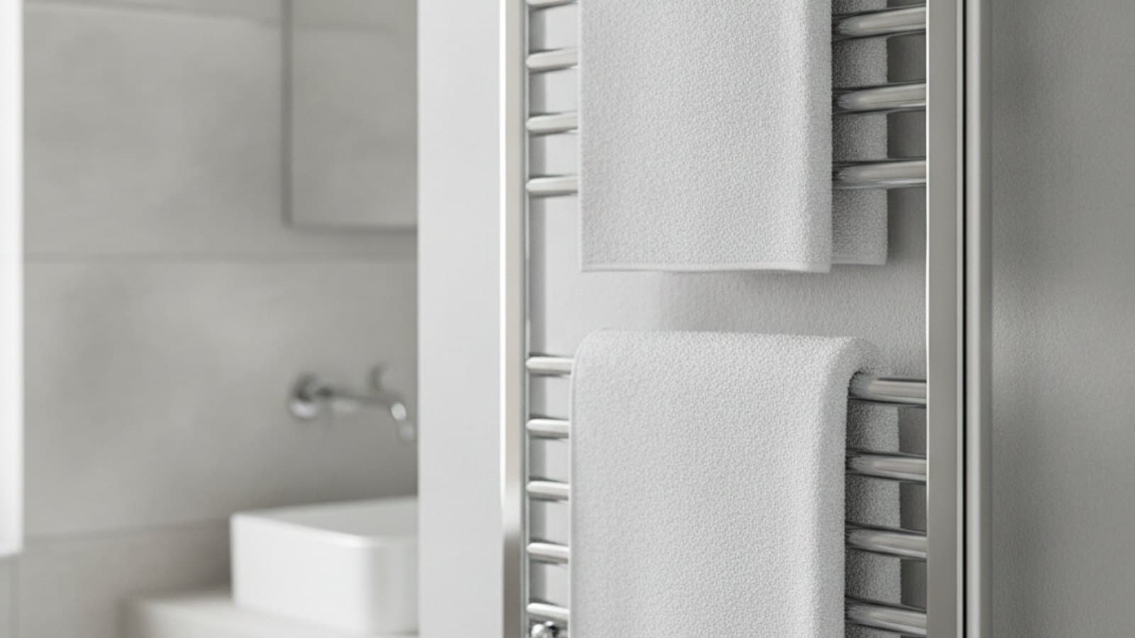 A chrome ladder style heated towel rail with warm folded white towels on the rails in a modern UK bathroom