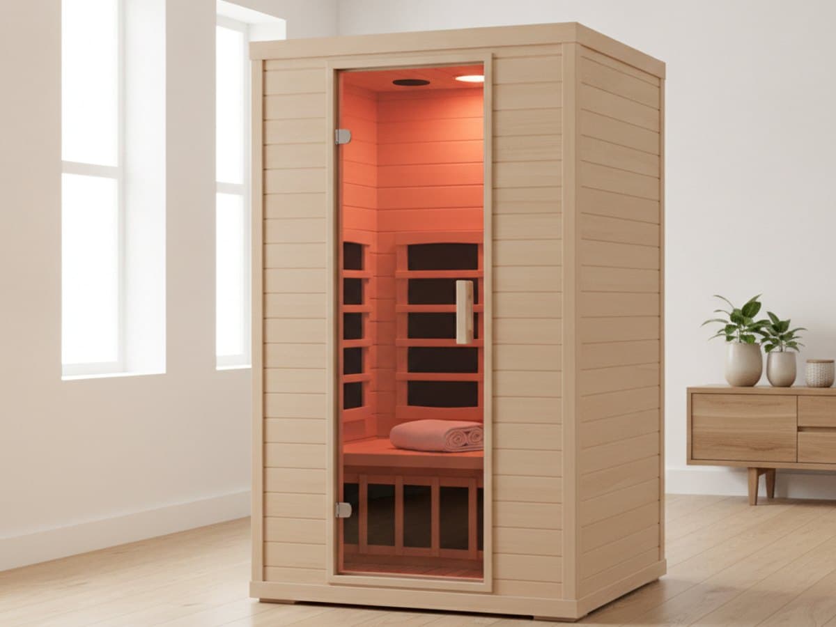 A modern infrared home sauna cabin in a bright UK room