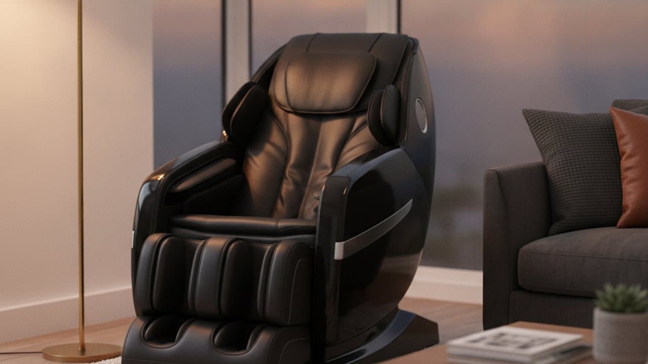 A modern full body massage chair in a bright UK living room