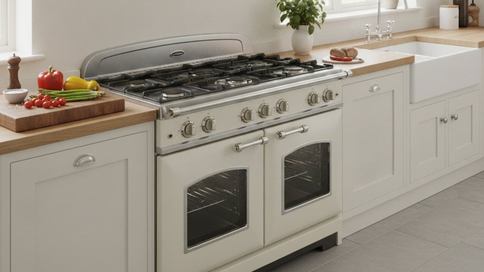 A cream freestanding range cooker with a gas hob and double oven set into a modern shaker kitchen